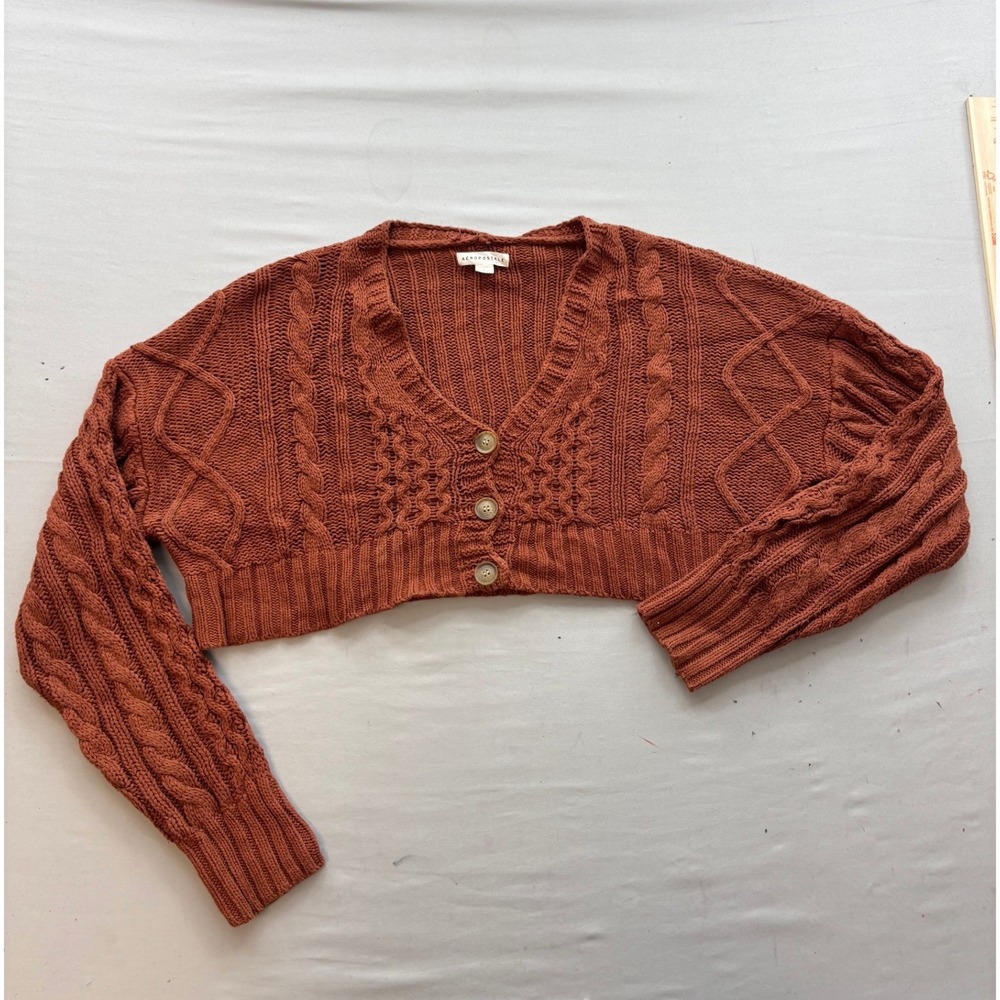 Aeropostale Womens Rust Orange Cable Knit Cropped Cardigan Sweater Large